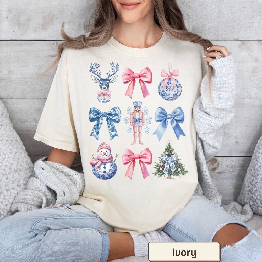 Coquette Nutcracker Christmas Women's T-Shirt - Winter Snowman, Bow Accents, Holiday Style