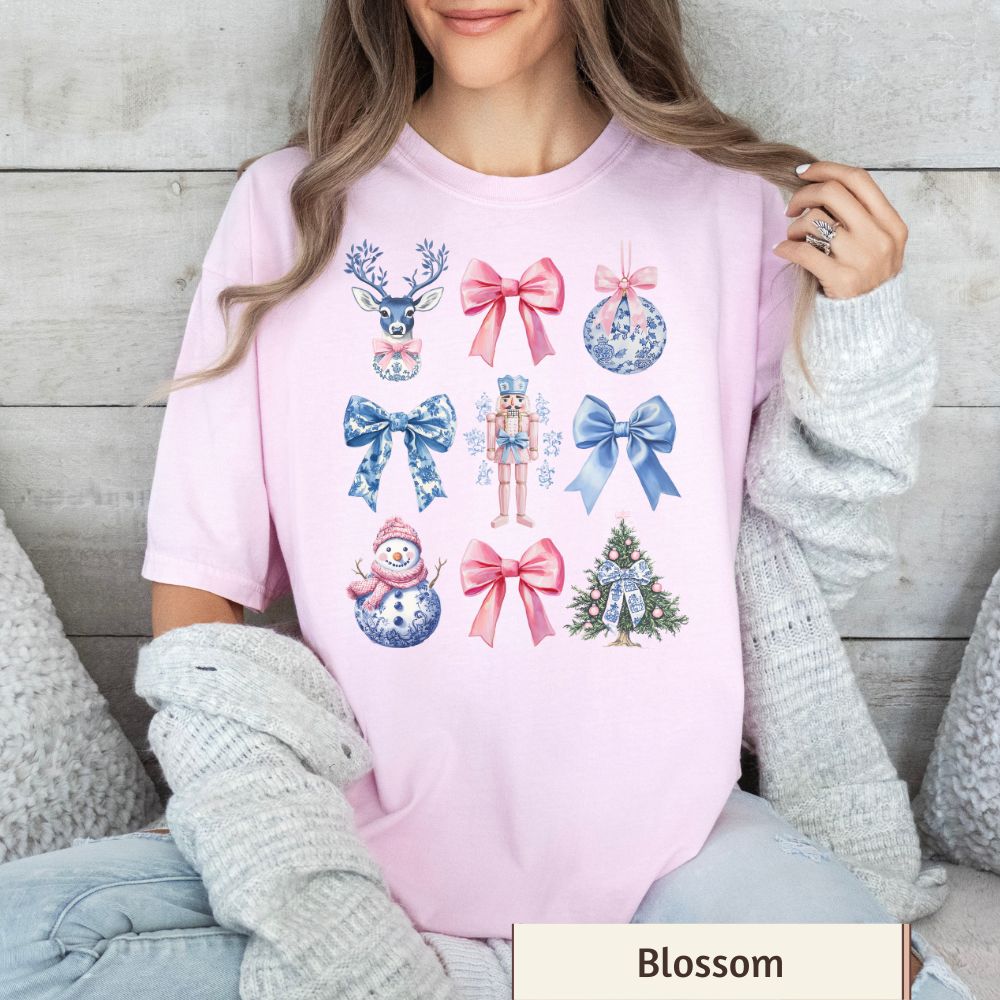 Coquette Nutcracker Christmas Women's T-Shirt - Winter Snowman, Bow Accents, Holiday Style