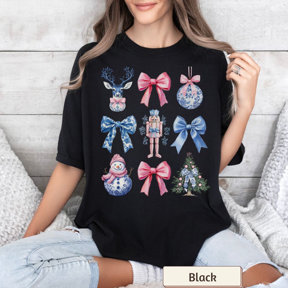 Coquette Nutcracker Christmas Women's T-Shirt - Winter Snowman, Bow Accents, Holiday Style