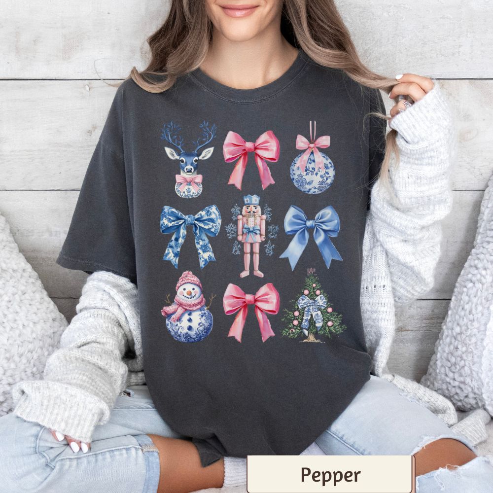 Coquette Nutcracker Christmas Women's T-Shirt - Winter Snowman, Bow Accents, Holiday Style