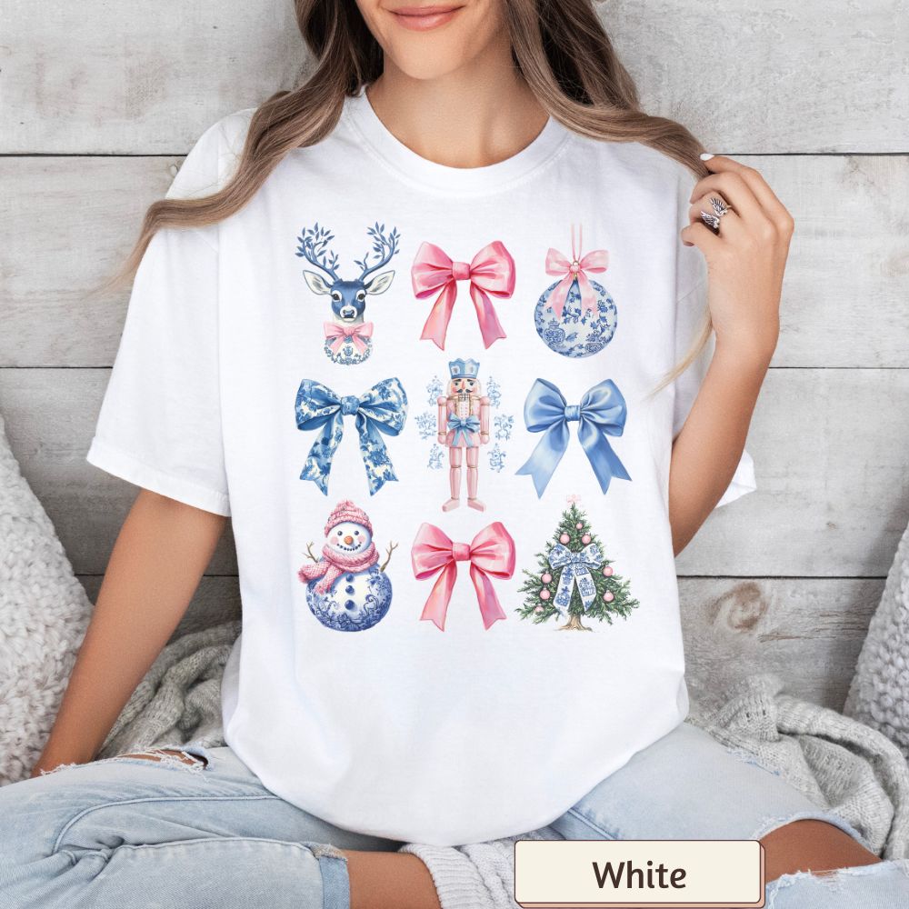 Coquette Nutcracker Christmas Women's T-Shirt - Winter Snowman, Bow Accents, Holiday Style