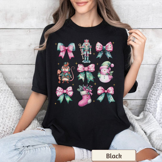 Coquette Nutcracker Christmas Shirt - Snowman, Stocking & Bow Accents, Festive Holiday Style