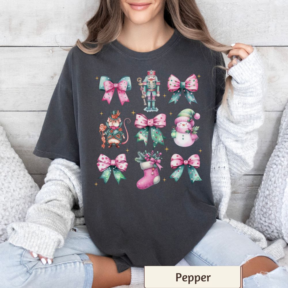 Coquette Nutcracker Christmas Shirt - Snowman, Stocking & Bow Accents, Festive Holiday Style