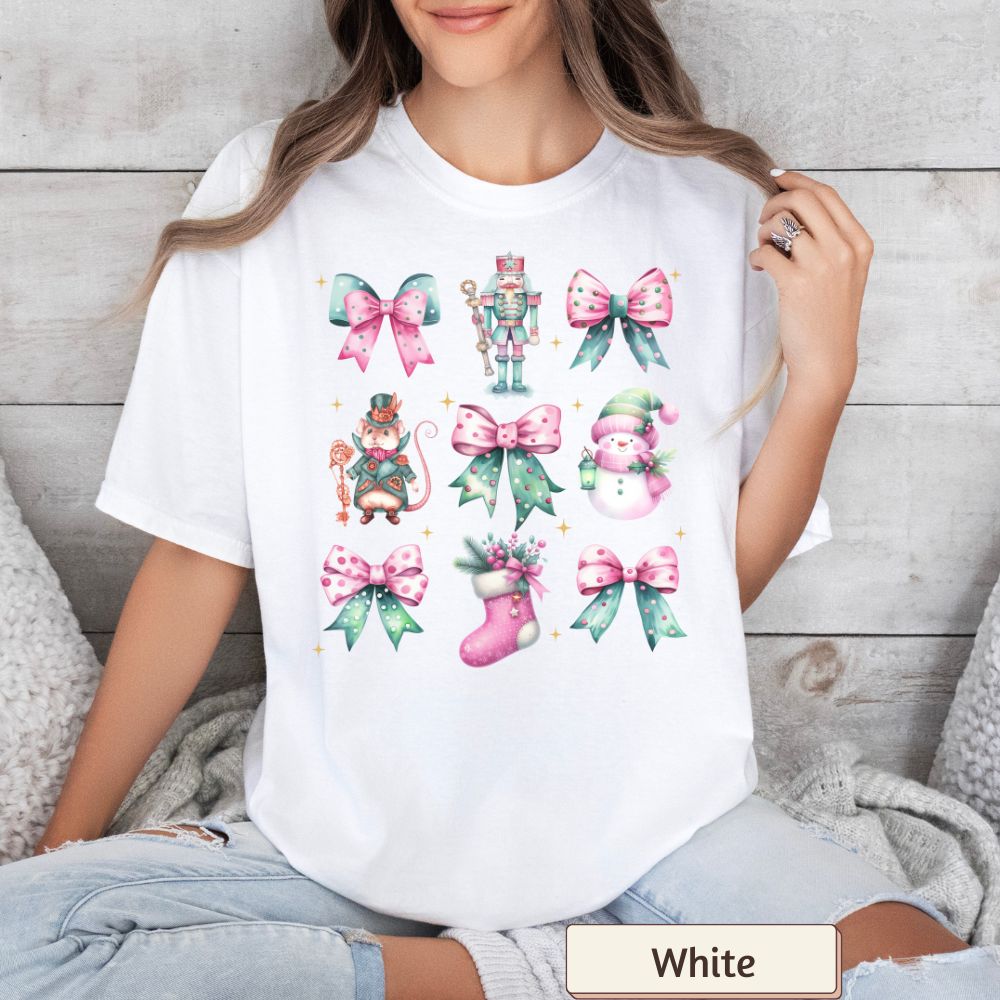 Coquette Nutcracker Christmas Shirt - Snowman, Stocking & Bow Accents, Festive Holiday Style