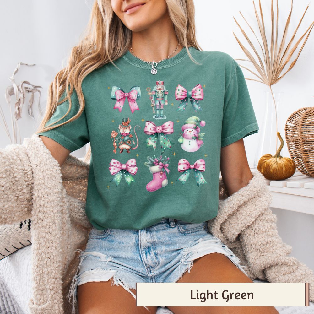 Coquette Nutcracker Christmas Shirt - Snowman, Stocking & Bow Accents, Festive Holiday Style