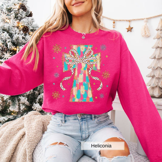 Christian Cross with Bow Christmas Women's Sweatshirt