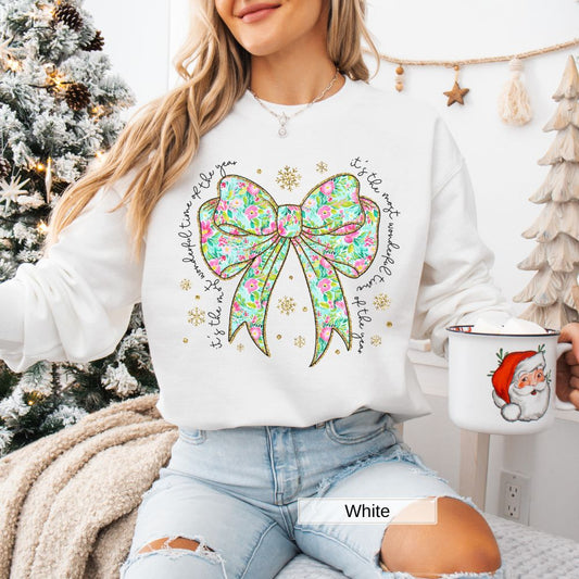 Floral Bow Most Wonderful Time of the Year Women's Christmas Sweatshirt