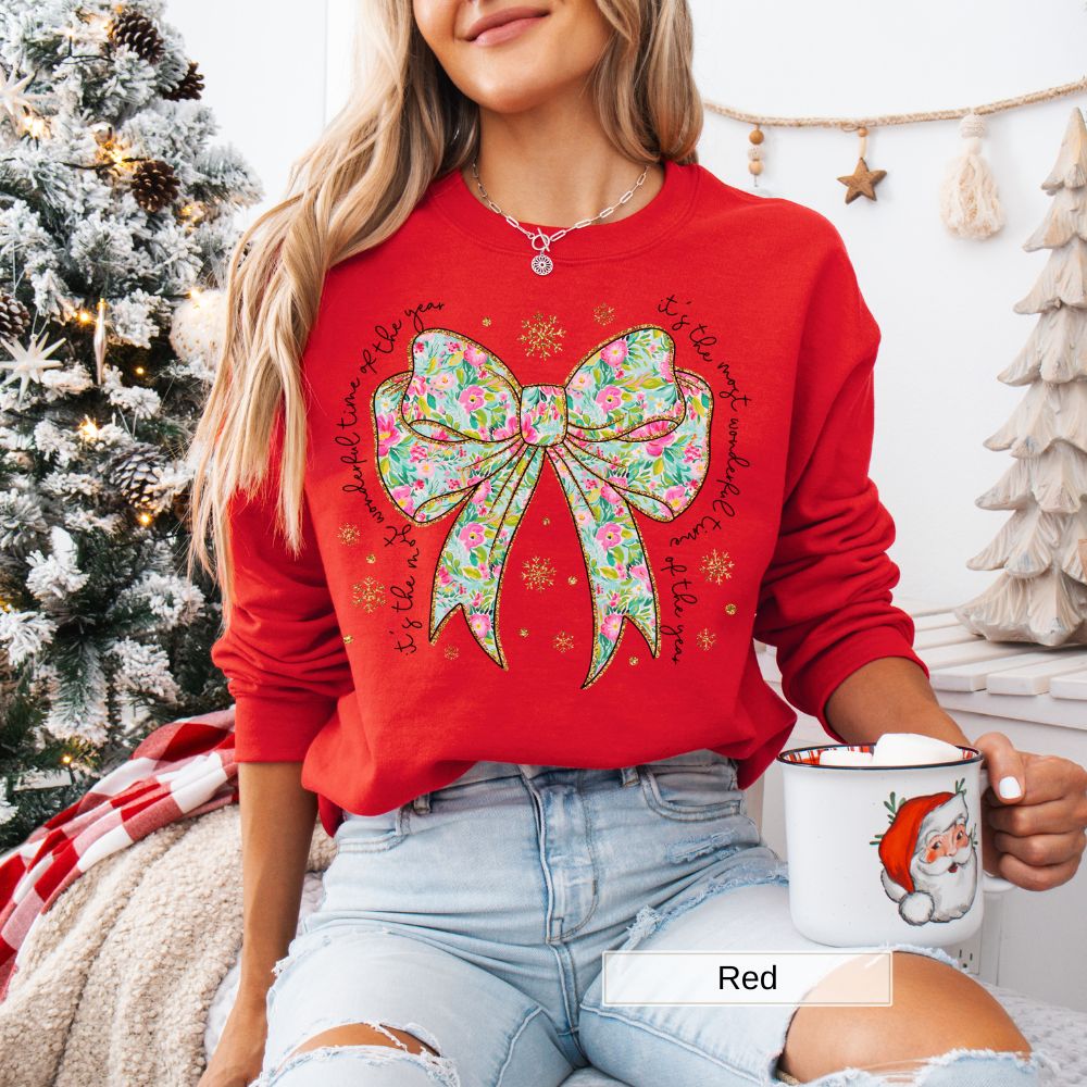 Floral Bow Most Wonderful Time of the Year Women's Christmas Sweatshirt