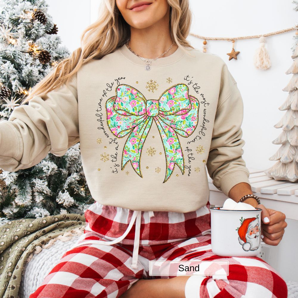 Floral Bow Most Wonderful Time of the Year Women's Christmas Sweatshirt