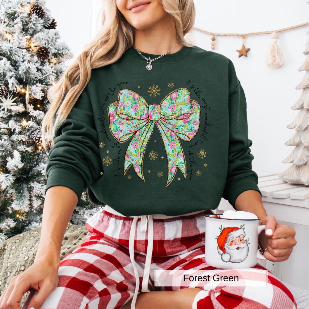 Floral Bow Most Wonderful Time of the Year Women's Christmas Sweatshirt