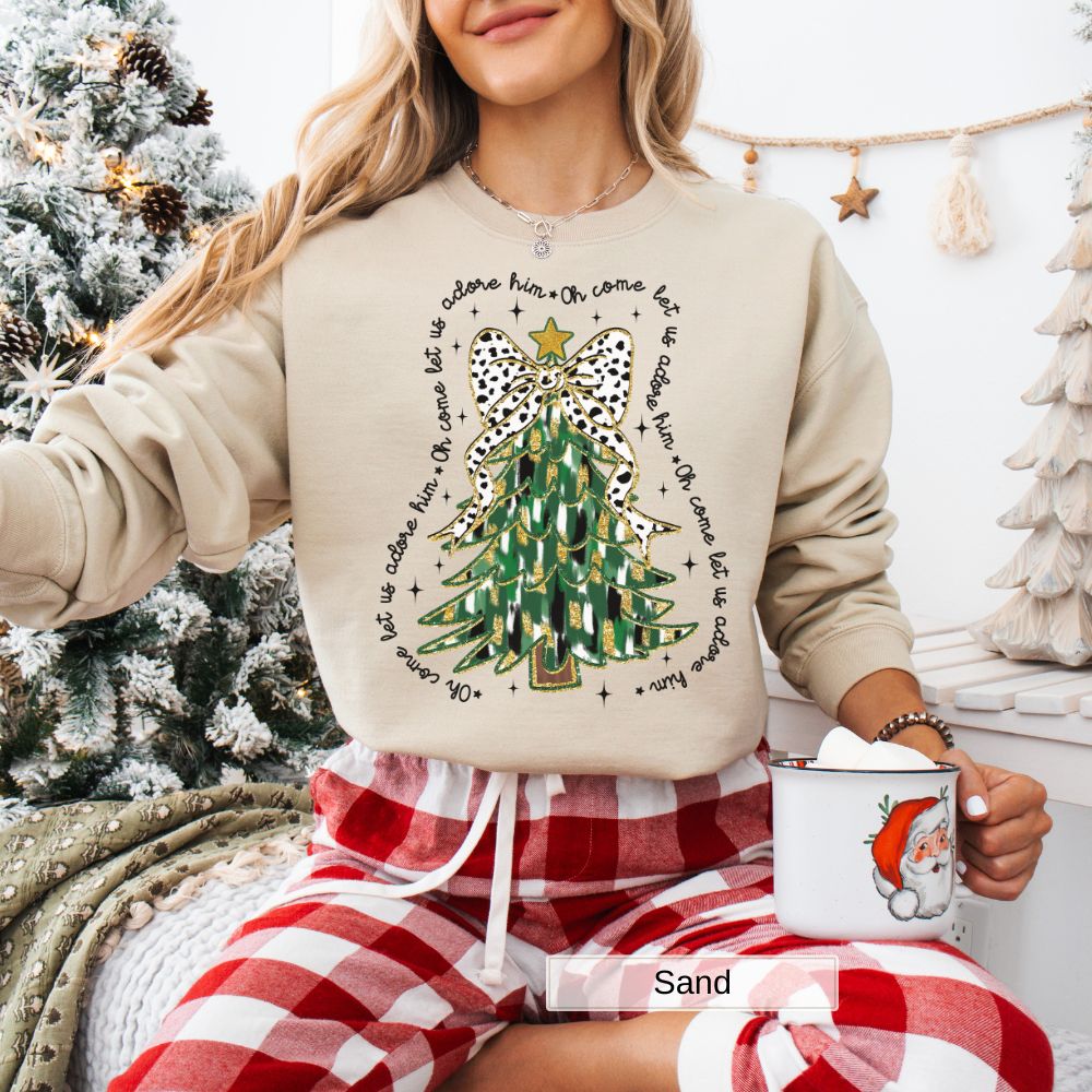 Come Let Us Adore Him Christmas Tree Design Women's Christmas Sweatshirt