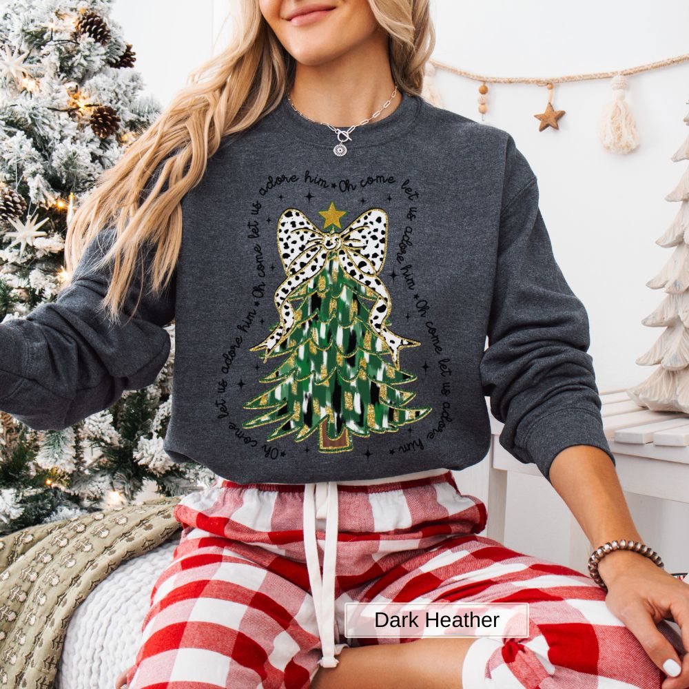 Come Let Us Adore Him Christmas Tree Design Women's Christmas Sweatshirt