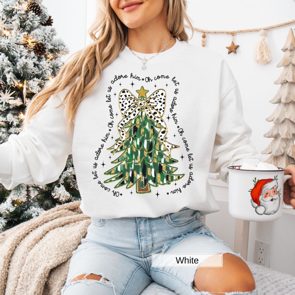 Come Let Us Adore Him Christmas Tree Design Women's Christmas Sweatshirt