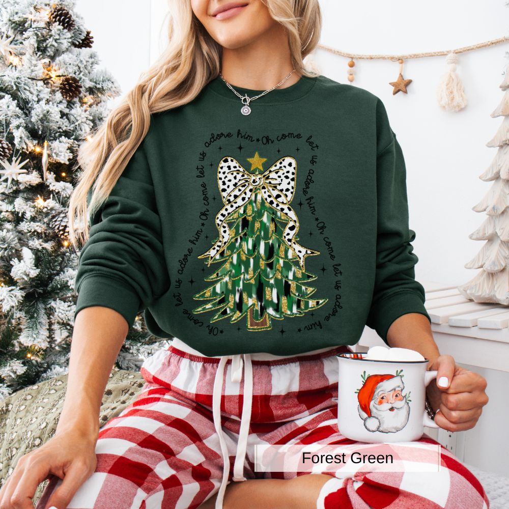 Come Let Us Adore Him Christmas Tree Design Women's Christmas Sweatshirt