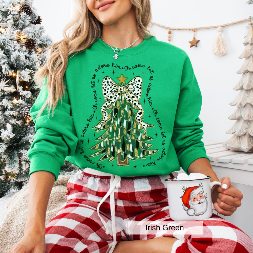 Come Let Us Adore Him Christmas Tree Design Women's Christmas Sweatshirt