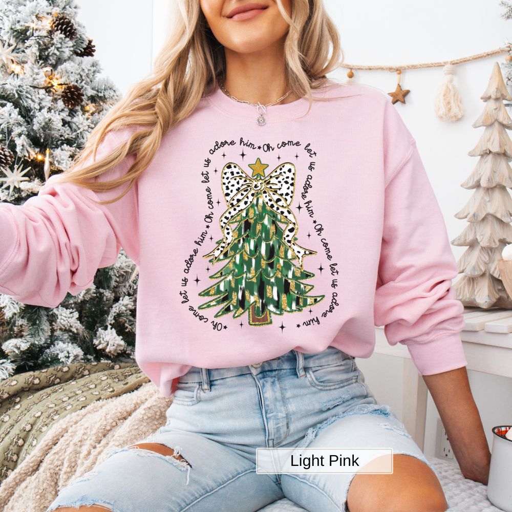 Come Let Us Adore Him Christmas Tree Design Women's Christmas Sweatshirt