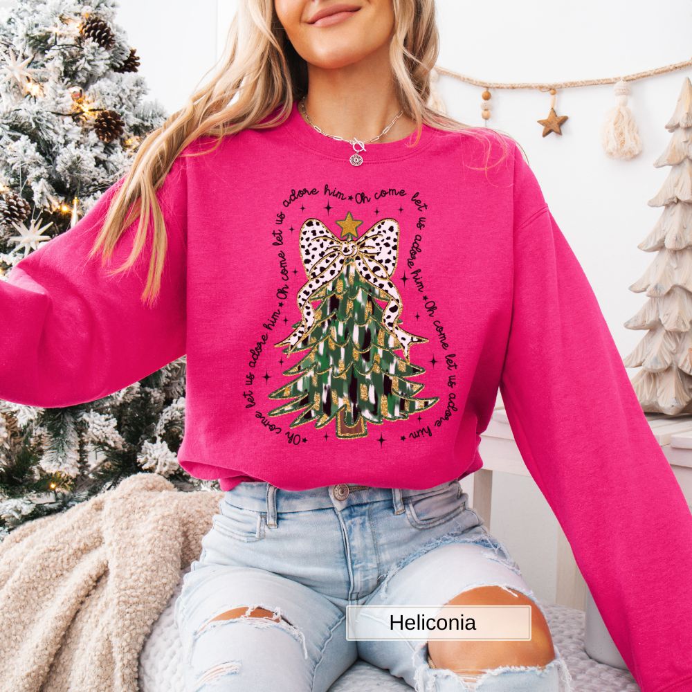 Come Let Us Adore Him Christmas Tree Design Women's Christmas Sweatshirt