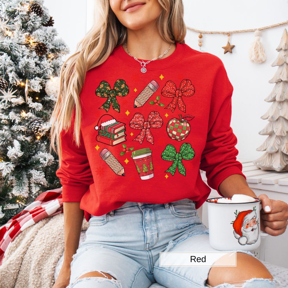 Coquette Teacher Christmas Bow Women's Sweatshirt