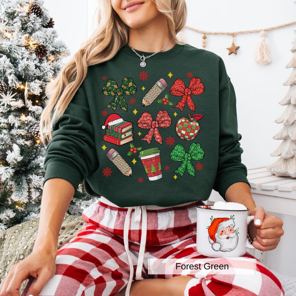 Coquette Teacher Christmas Bow Women's Sweatshirt