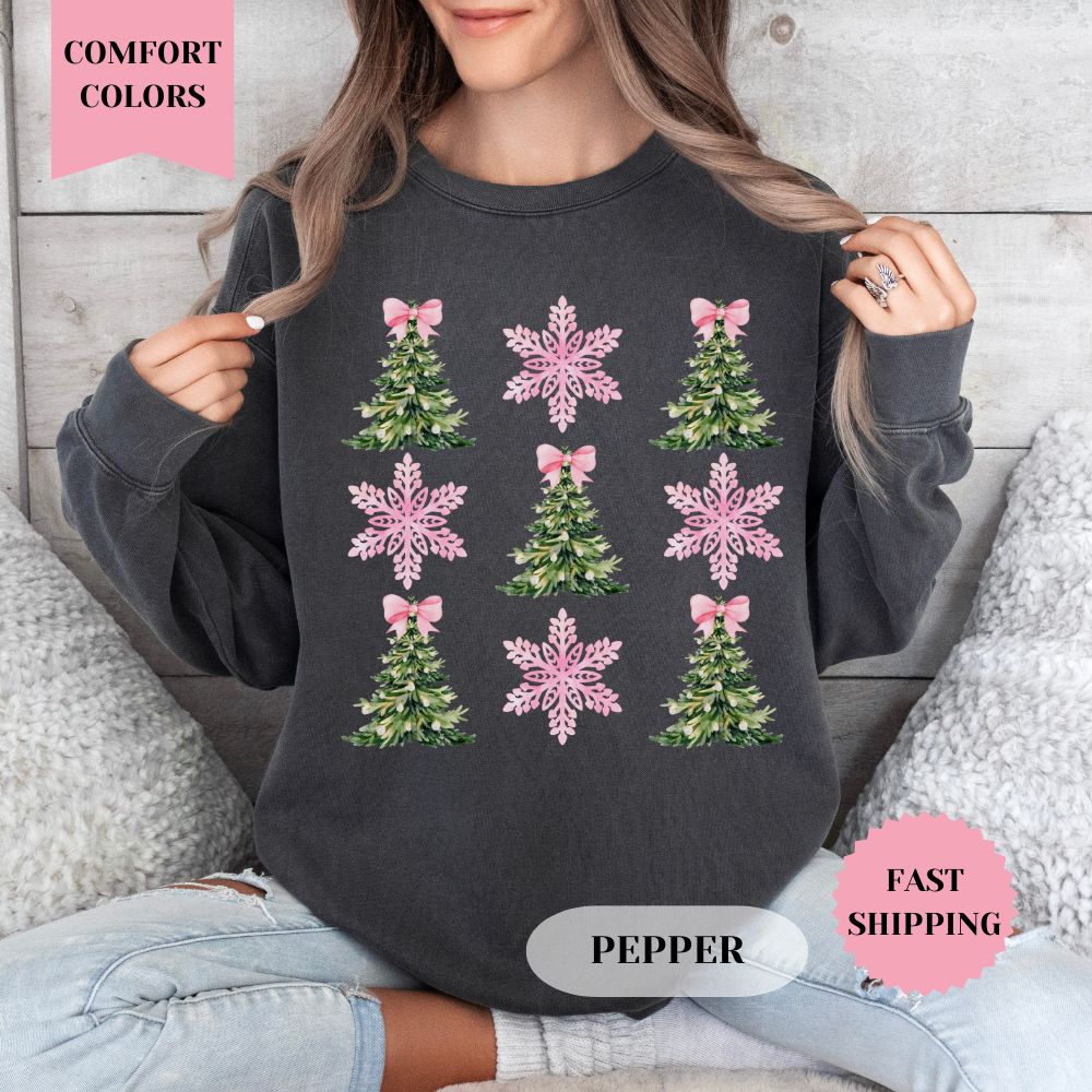 Christmas Pink Snowflakes Comfort Colors Sweatshirt, Christmas Sweater, Womenswear