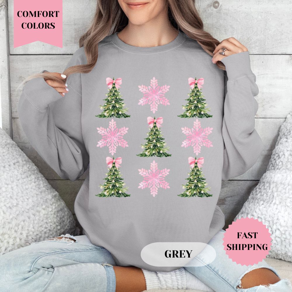 Christmas Pink Snowflakes Comfort Colors Sweatshirt, Christmas Sweater, Womenswear