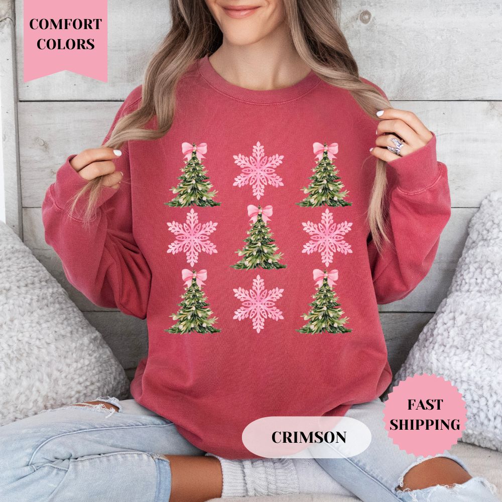 Christmas Pink Snowflakes Comfort Colors Sweatshirt, Christmas Sweater, Womenswear