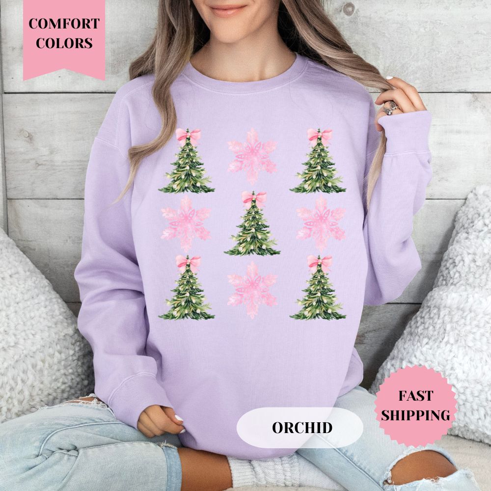 Christmas Pink Snowflakes Comfort Colors Sweatshirt, Christmas Sweater, Womenswear