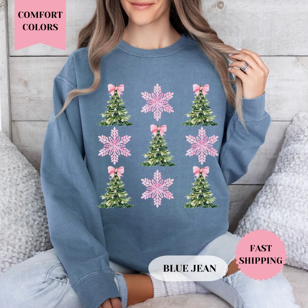 Christmas Pink Snowflakes Comfort Colors Sweatshirt, Christmas Sweater, Womenswear