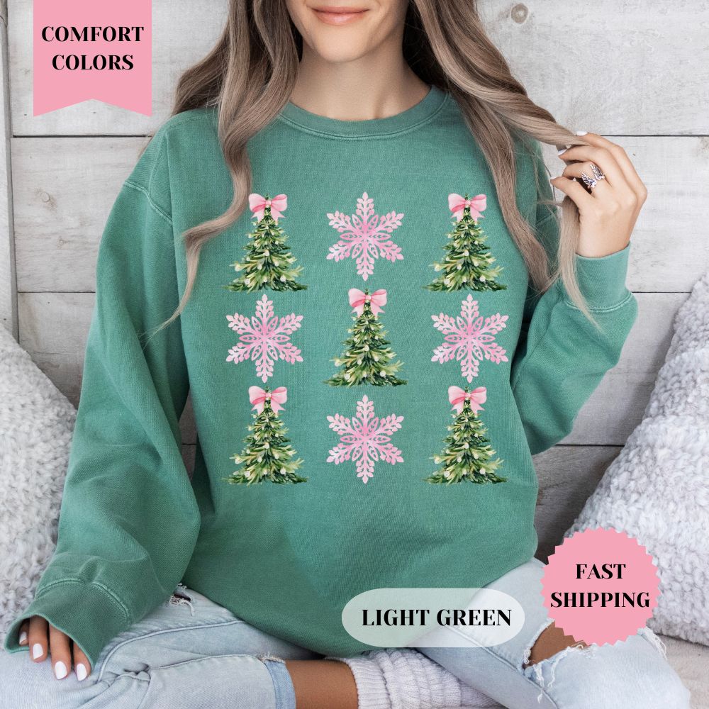 Christmas Pink Snowflakes Comfort Colors Sweatshirt, Christmas Sweater, Womenswear