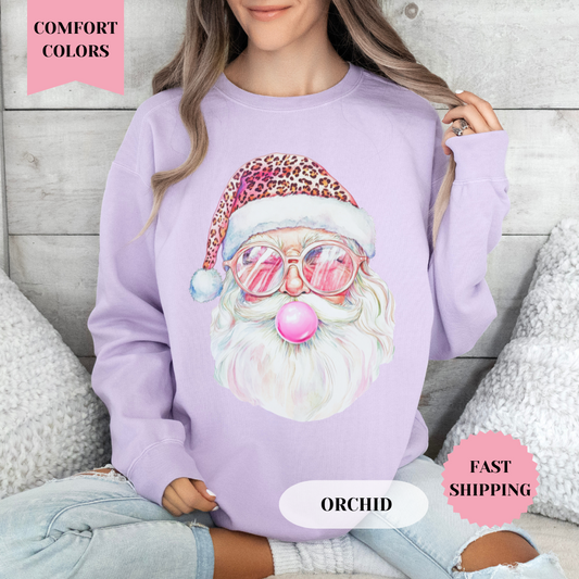 Santa with Pink Hat Comfort Colors Sweatshirt, Christmas Sweater, Womenswear