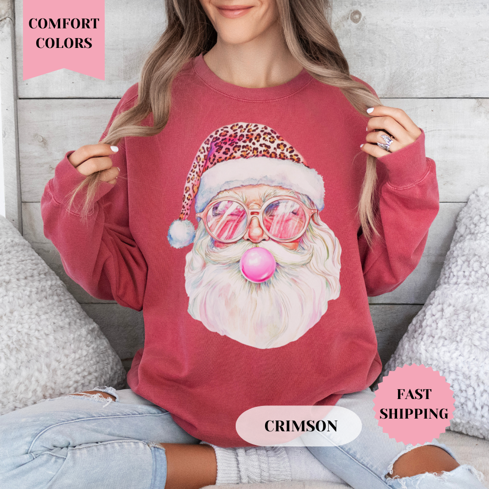 Santa with Pink Hat Comfort Colors Sweatshirt, Christmas Sweater, Womenswear