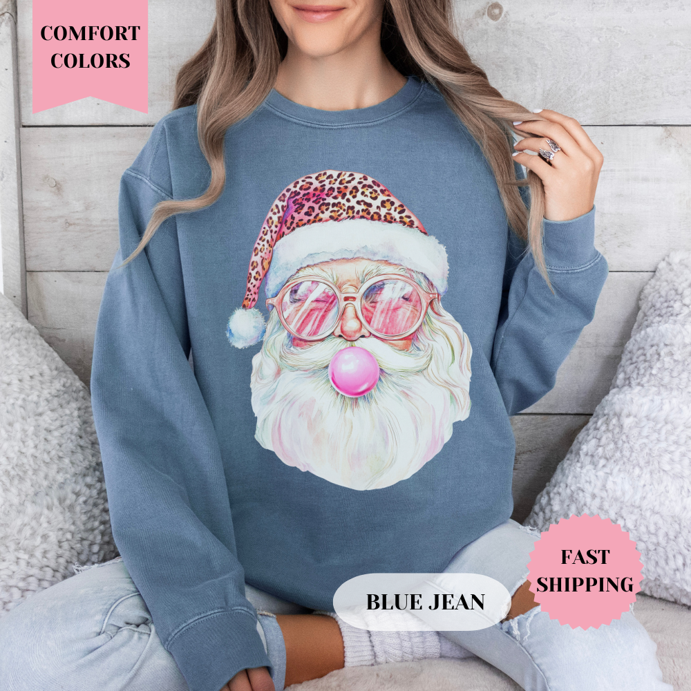 Santa with Pink Hat Comfort Colors Sweatshirt, Christmas Sweater, Womenswear