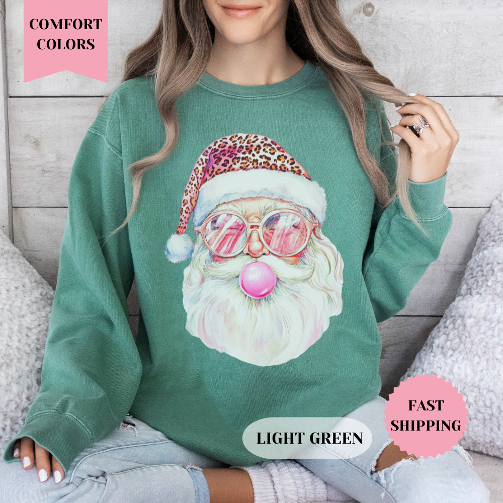 Santa with Pink Hat Comfort Colors Sweatshirt, Christmas Sweater, Womenswear