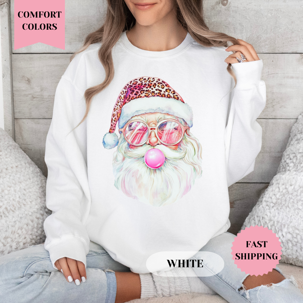 Santa with Pink Hat Comfort Colors Sweatshirt, Christmas Sweater, Womenswear