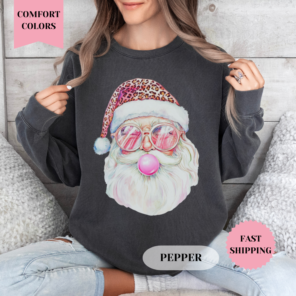 Santa with Pink Hat Comfort Colors Sweatshirt, Christmas Sweater, Womenswear