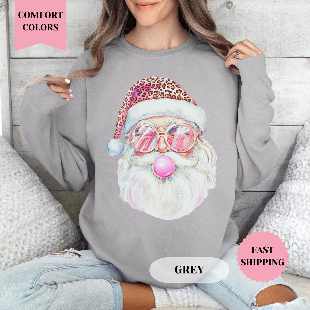 Santa with Pink Hat Comfort Colors Sweatshirt, Christmas Sweater, Womenswear