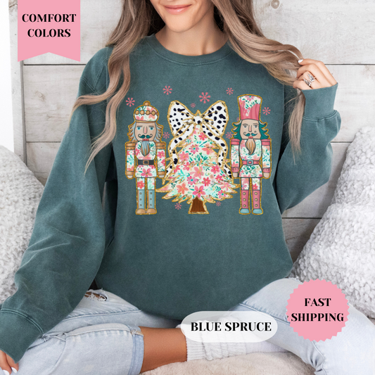 Nutcracker Floral Christmas Tree Comfort Colors Sweatshirt, Christmas Sweater, Womenswear