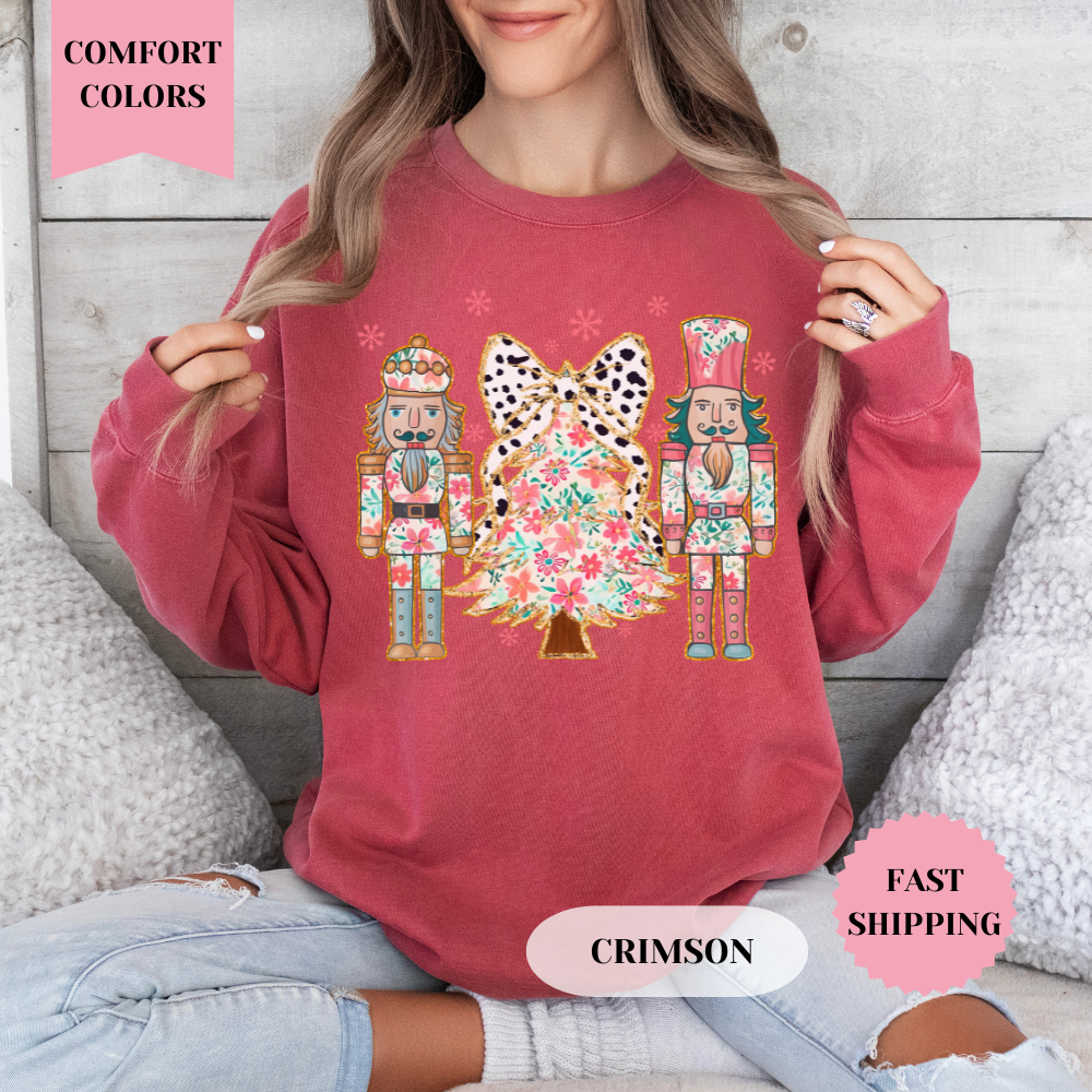 Nutcracker Floral Christmas Tree Comfort Colors Sweatshirt, Christmas Sweater, Womenswear