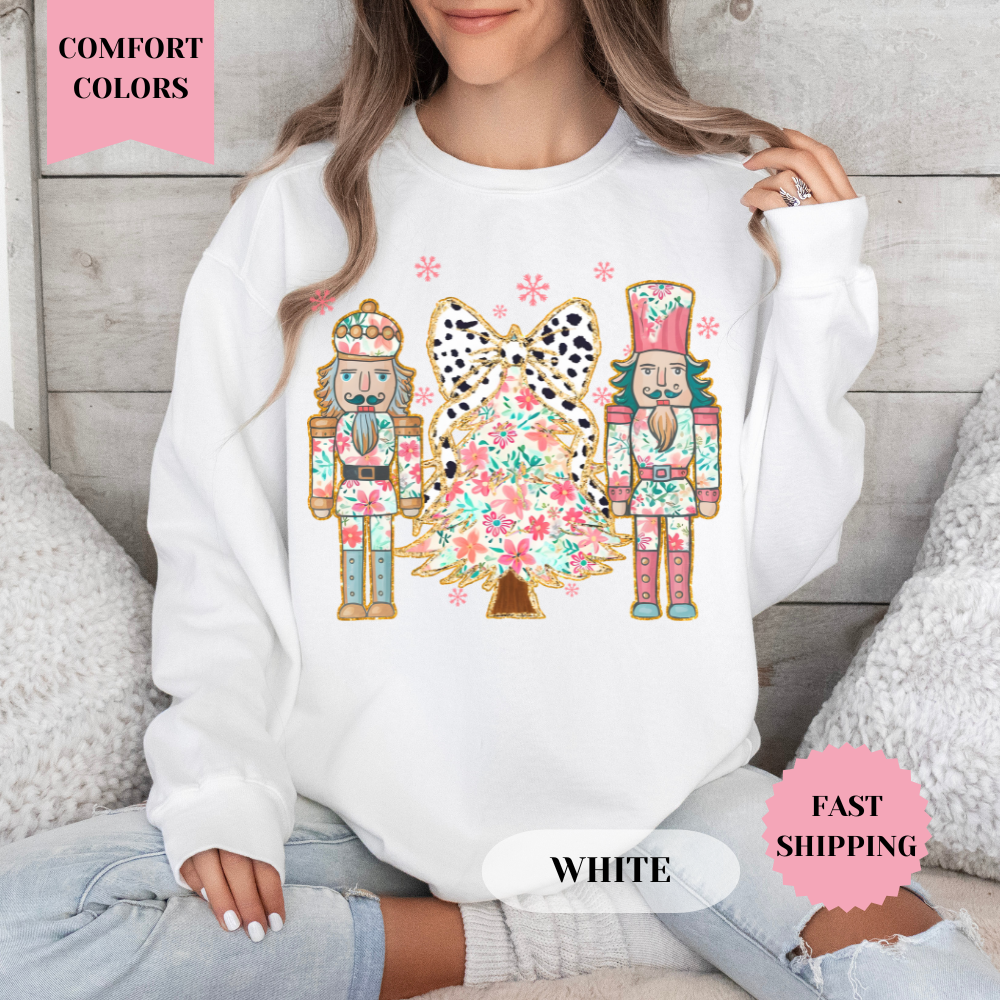 Nutcracker Floral Christmas Tree Comfort Colors Sweatshirt, Christmas Sweater, Womenswear