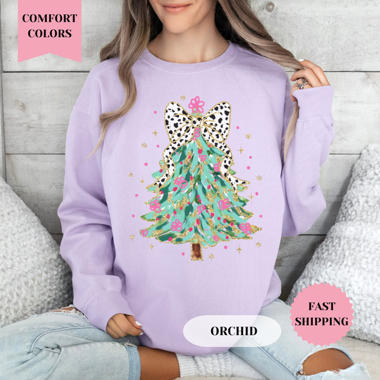 Coquette Glitter Christmas Tree Comfort Colors Sweatshirt, Christmas Sweater, Womenswear