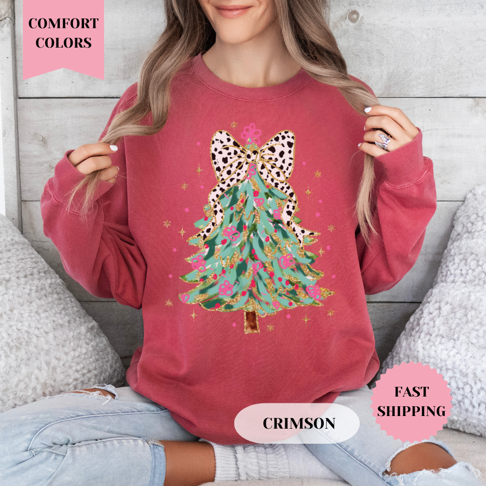 Coquette Glitter Christmas Tree Comfort Colors Sweatshirt, Christmas Sweater, Womenswear