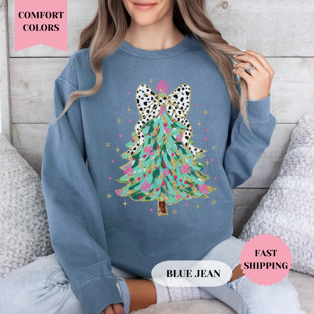 Coquette Glitter Christmas Tree Comfort Colors Sweatshirt, Christmas Sweater, Womenswear