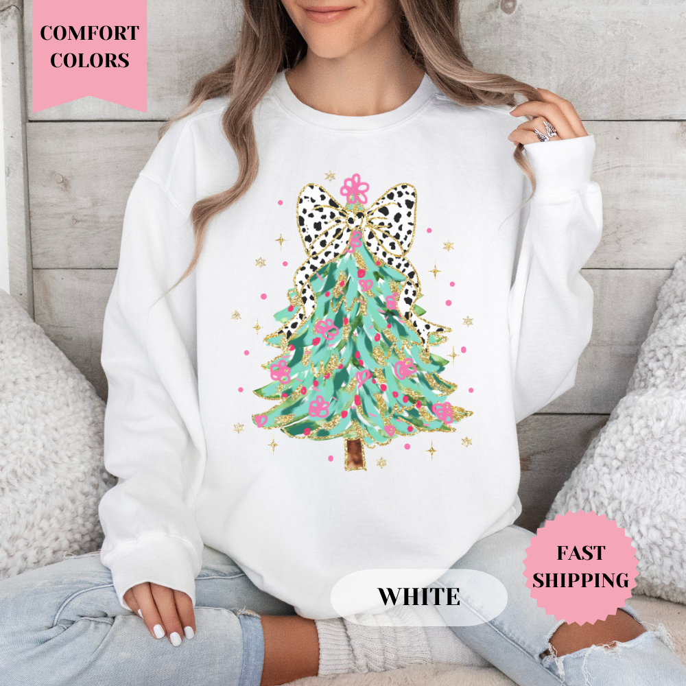 Coquette Glitter Christmas Tree Comfort Colors Sweatshirt, Christmas Sweater, Womenswear