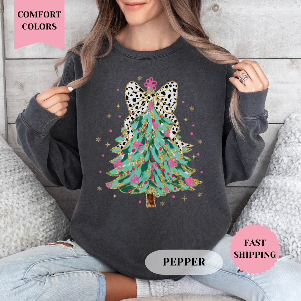 Coquette Glitter Christmas Tree Comfort Colors Sweatshirt, Christmas Sweater, Womenswear