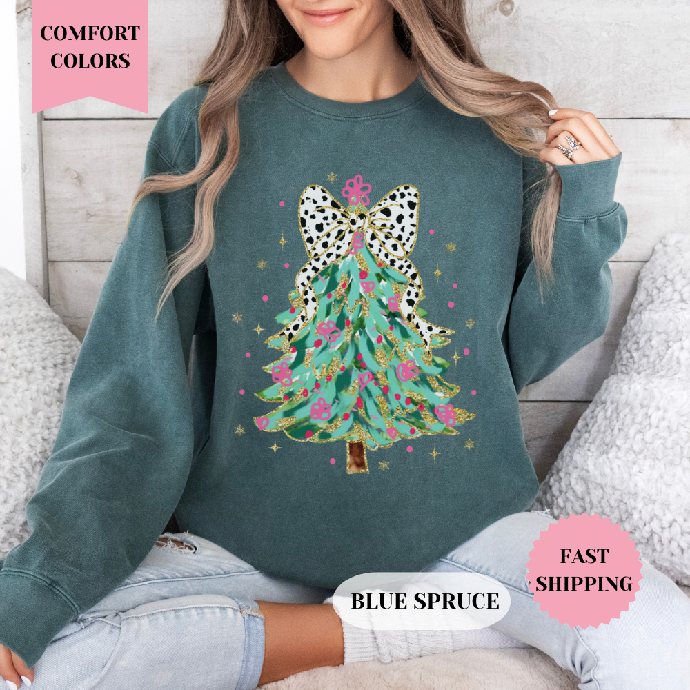 Coquette Glitter Christmas Tree Comfort Colors Sweatshirt, Christmas Sweater, Womenswear