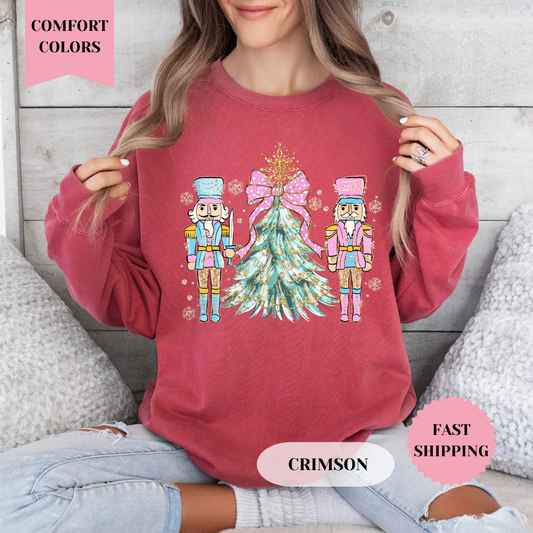 Nutcracker Pink Bow Christmas Tree Comfort Colors Sweatshirt, Christmas Sweater, Womenswear