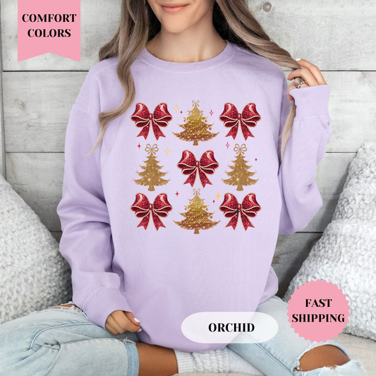 Red Bows and Gold Trees Comfort Colors Sweatshirt, Christmas Sweater, Womenswear