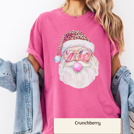 Santa with Leopard Hat Comfort Colors Women's T-Shirt, Christmas Tee, Womenswear