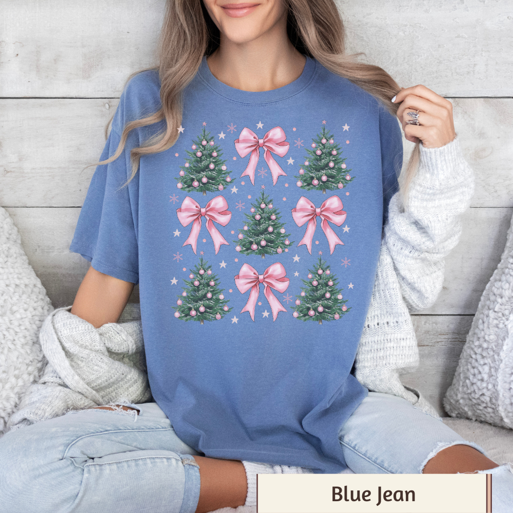 Coquette Christmas Tree Shirt Comfort Colors, Pink Bow Xmas Tee, Retro Christmas Women's Top