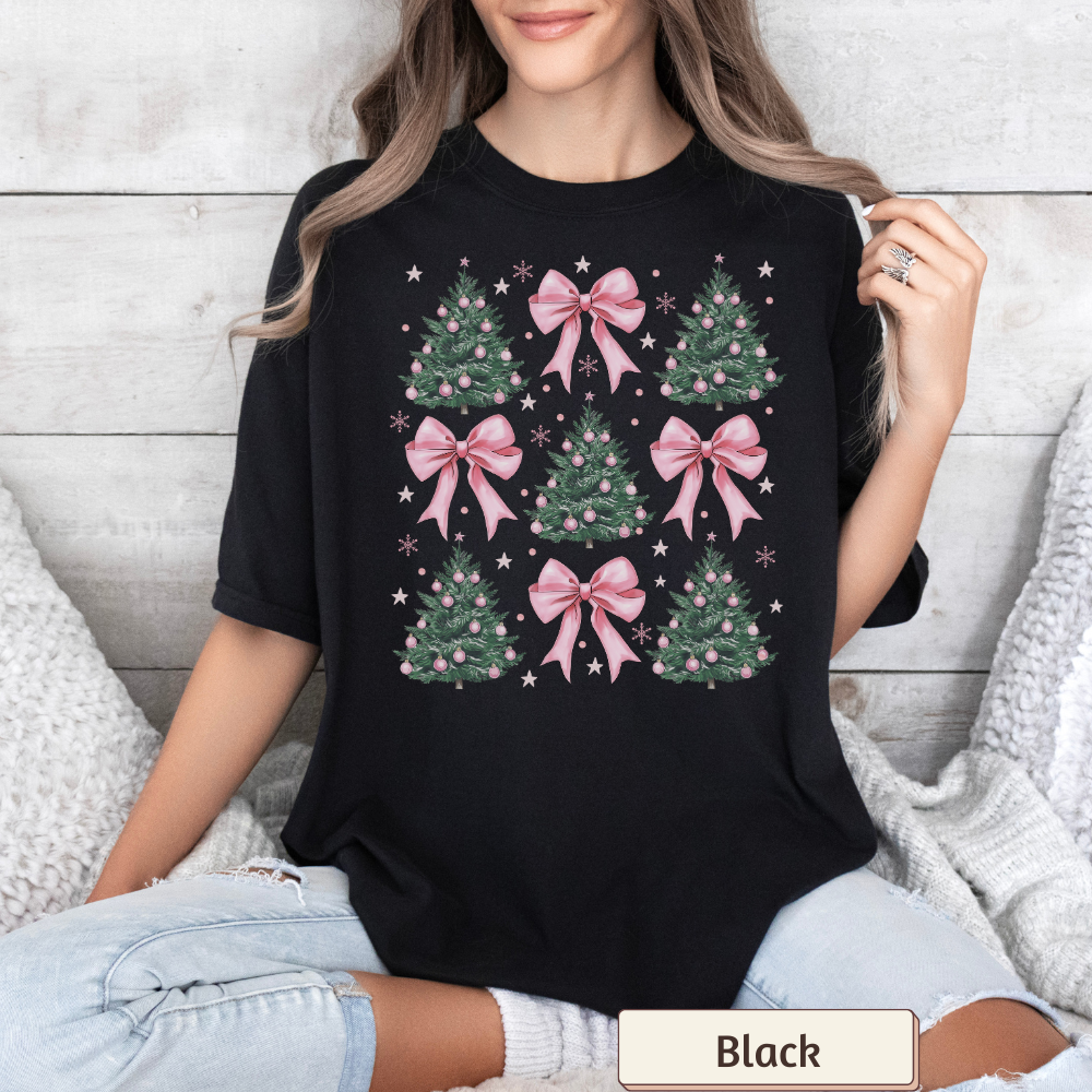 Coquette Christmas Tree Shirt Comfort Colors, Pink Bow Xmas Tee, Retro Christmas Women's Top